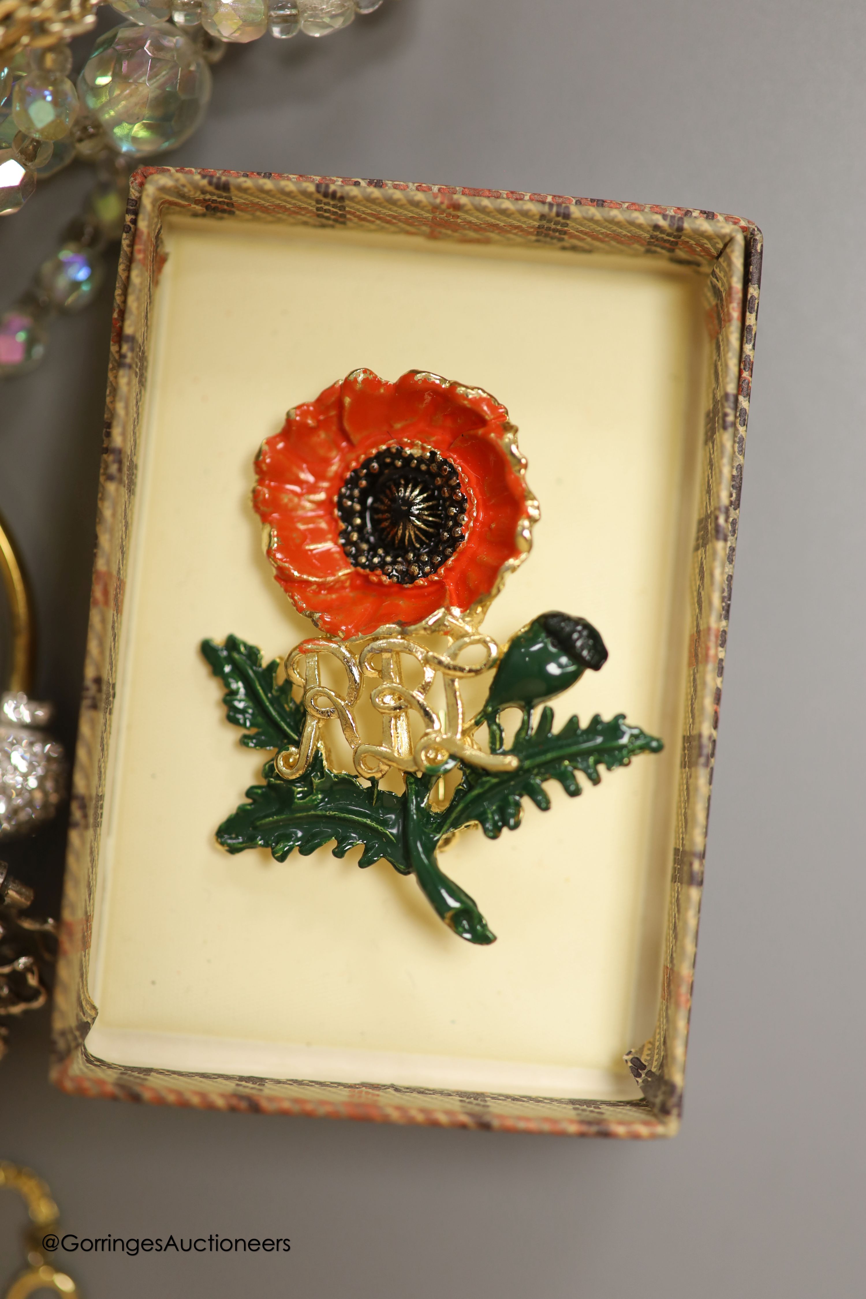 A collection of costume jewellery and other items, including a mother of pearl flower pendant with 9ct suspension